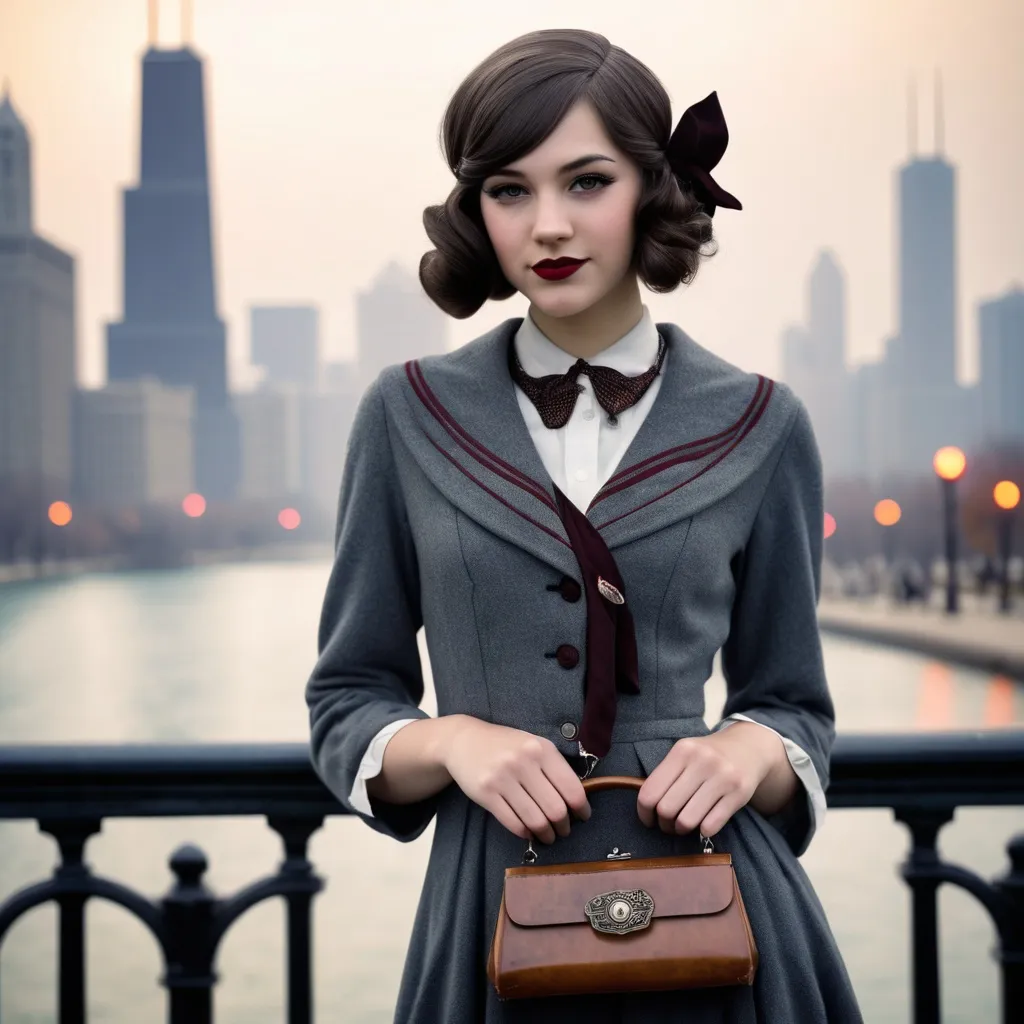 Prompt: (realistic image set in Chicago 1920's),  (girl age:18, Slim, cute, beautiful, shy), (1920’s hair style), (dressed in period college girl’s for the ‘20’s outfit), posed holding a purse, period city background, misty morning, (rich textures), (soft lighting), (ultra-detailed), 4k quality, opulent decor.