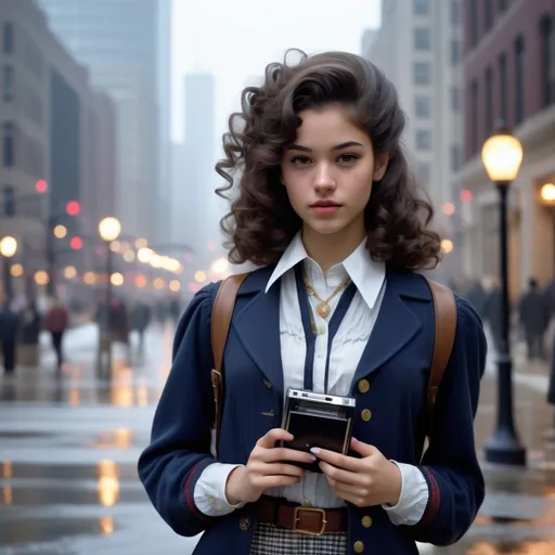 Prompt: (realistic image set in Chicago 1970's),  (girl age:18, Slim, cute, beautiful, shy), (curly dark hair), (dressed in period college girl’s trendy outfit), posed holding a  pager, period city background, misty morning, (rich textures), (soft lighting), (ultra-detailed), 4k quality, opulent decor.