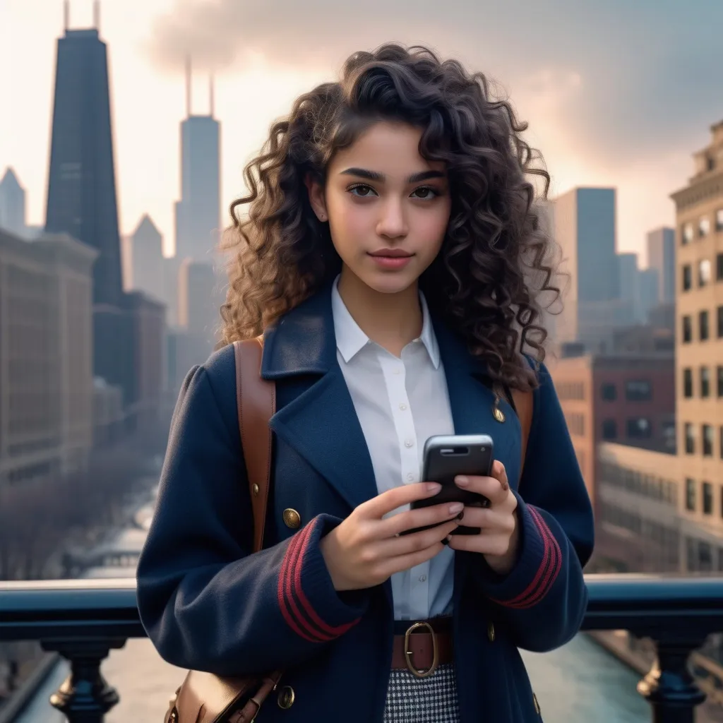 Prompt: (realistic image set in Chicago 2020's),  (girl age:18, Slim, cute, beautiful, shy), (curly dark hair), (dressed in period college girl’s trendy outfit), posed holding a  smartphone, period city background, misty morning, (rich textures), (soft lighting), (ultra-detailed), 4k quality, opulent decor.