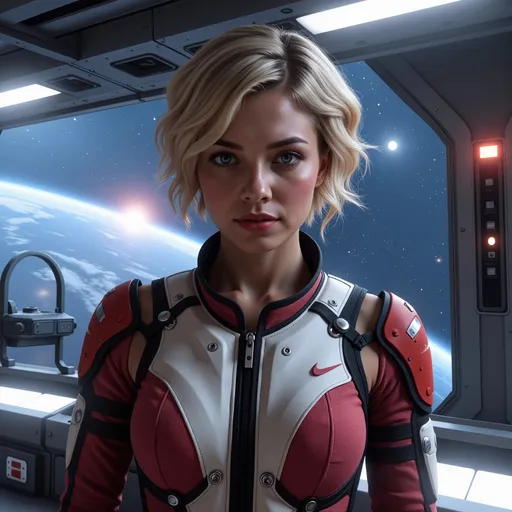 Prompt: background: fantastical outer space horizon, fantasy gas giant planet in sky, Sci-fi, space station platform,  glass architecture.
Foreground: beautiful age18 blonde young woman, short curly hair, (highly detailed facial features), perfect voluminous body, cloth jumpsuit, detailed masterpiece 