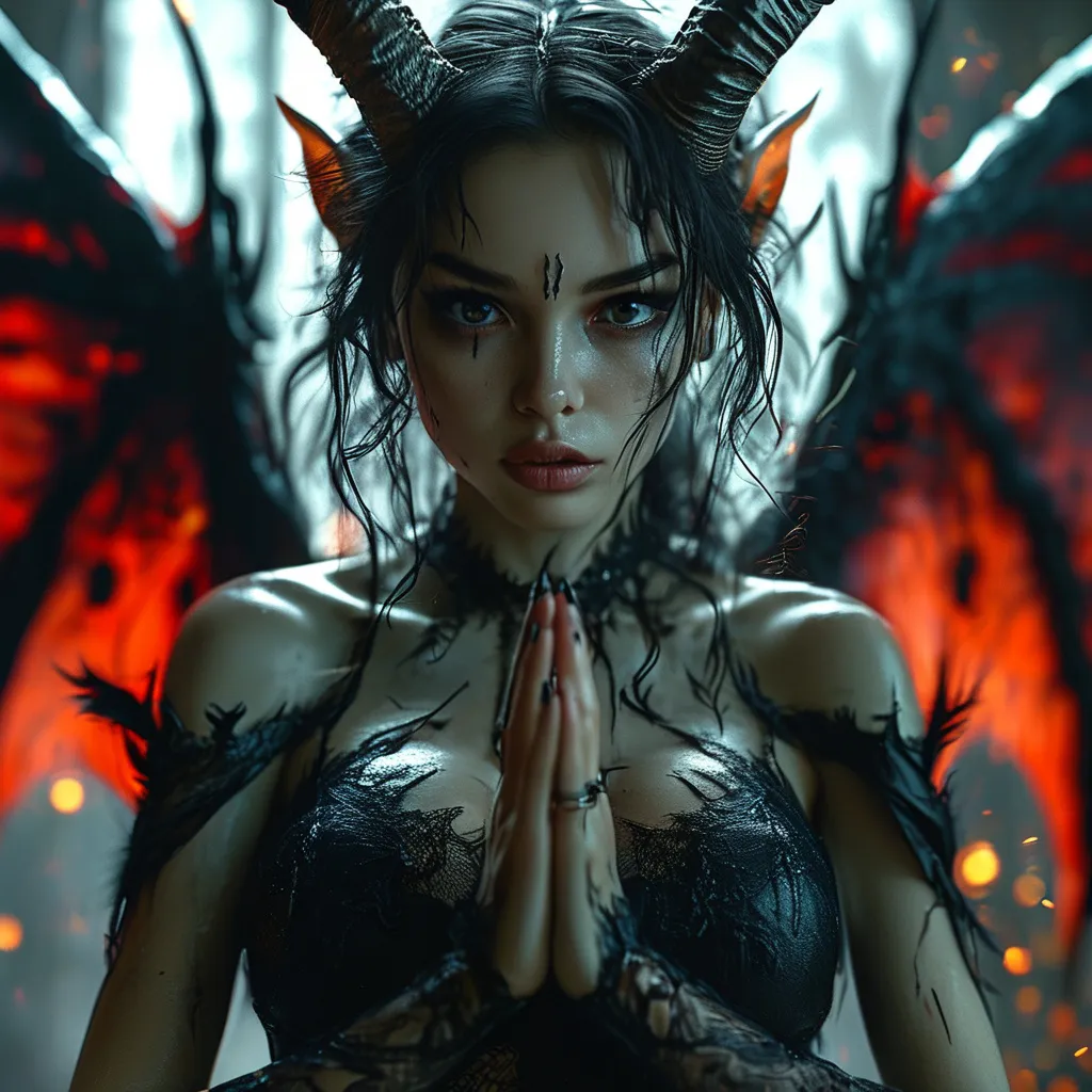 Prompt: Full body view, a Demoness, (slim, beautiful, large eyes), (demonic wings spread wide behind her), dynamic pose of her glancing to side to look at viewer while praying, dark gothic atmosphere, fantasy setting, high res photographic quality, 4K resolution, celestial lighting as background illuminating demoness.