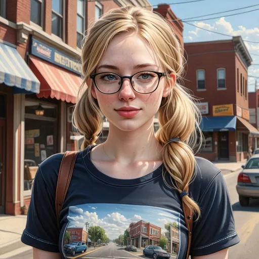 Prompt: Highly detailed photorealistic image
21-years-old (sweet, cute, slim girl) with (pale skin, freckles, wavy blonde hair, pigtails, glasses) wearing (black shirt and blue jean shorts)
warm weather, small town streets, intricate and detailed elements 