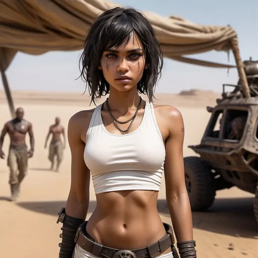 Prompt: Wasteland setting reminiscent of the movie Fury Road.  a (beautiful, perfect athletic and cute girl) with a slender, athletic build and brown skin. Her highly detailed face and skin are defined by thin but soft features, with large round expressive eyes.  Her dusty  black hair is shaved short and tightly curled. She wears a simple, flowing white garment made of thin transparent fabric, which is draped loosely around her body. The outfit is minimal, designed to be functional.

She maintains a clean, almost ethereal appearance, standing out against the rugged, apocalyptic landscape. 

The setting should feel gritty and industrial, with her figure and white clothing creating a visual contrast to the dark, muted tones of the world she inhabits.