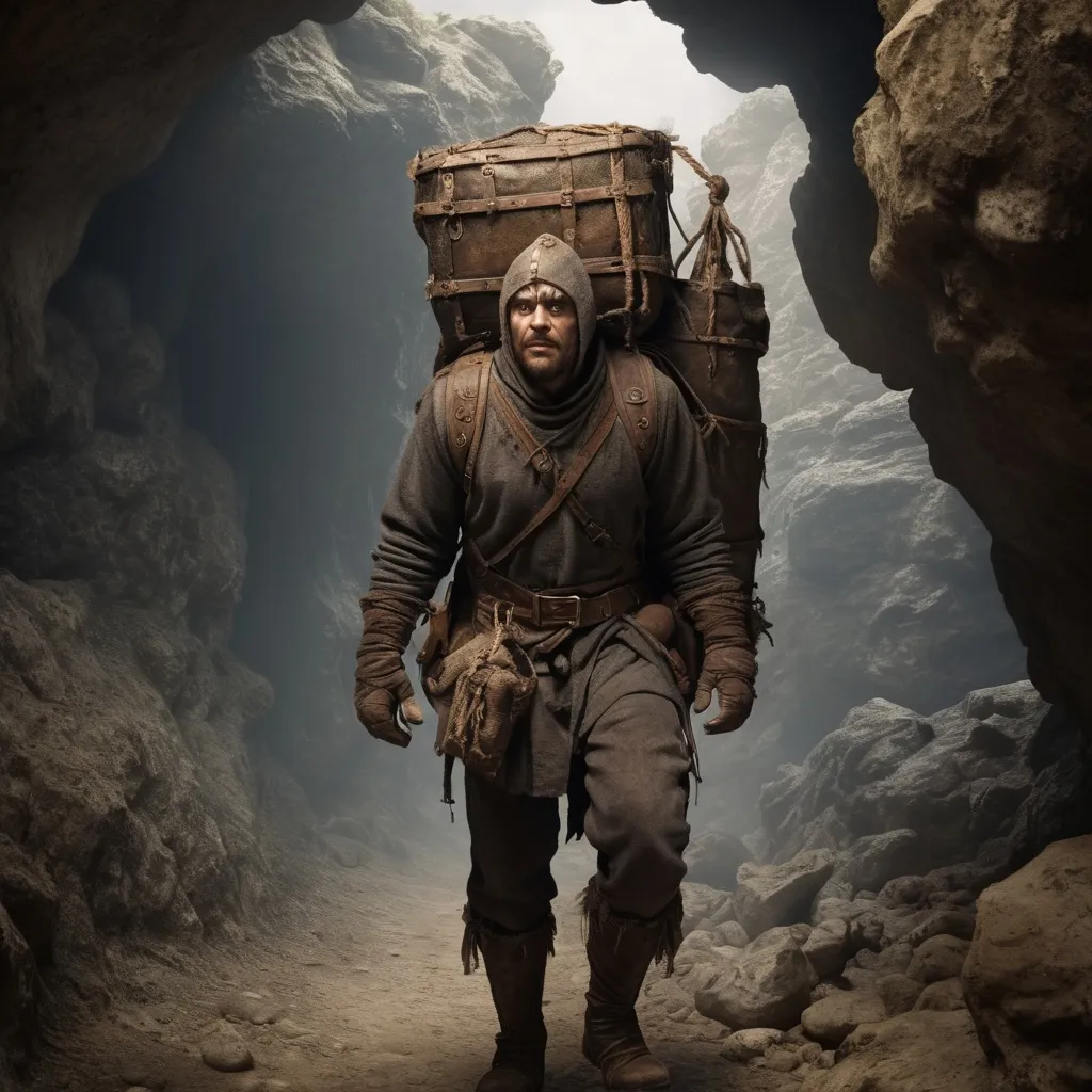 Prompt: A high resolution digital image of A fantasy adventurer’s henchman, carrying an oversized burden on his back consisting of many bags and chests and other items tied to a frame.  He wears a pot as a helmet.  Standing at the mouth of a cave looking scared. Medieval clothes