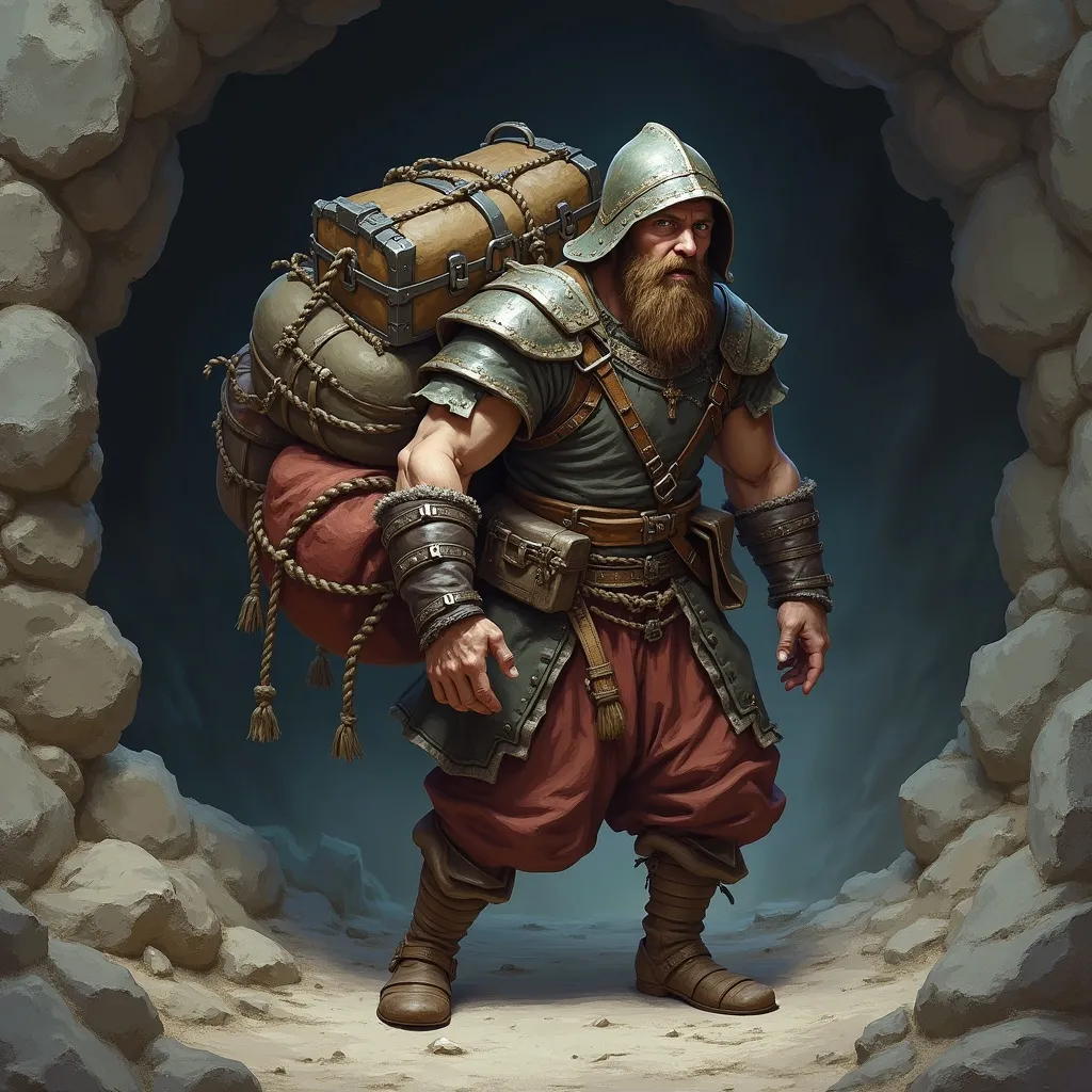 Prompt: A high resolution digital image of A fantasy adventurer’s henchman, carrying an oversized burden on his back consisting of many (bags, chests, tools, rope, and other items p) tied to a frame.  He wears a makeshift helmet, his scared face visible under it.  Standing at the mouth of a cave looking scared. Medieval clothes