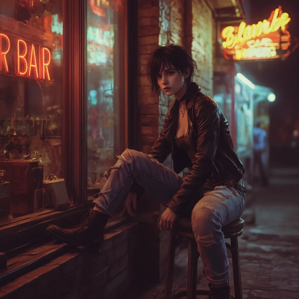 Prompt: Highly detailed digital image of a rebellious 18-year-old woman with a slim build, dark messy hair, looking at the viewer with a lost expression, wearing a worn leather jacket, distressed jeans, and old boots. She’s sitting on a barstool outside a run-down biker bar at night, lit by vivid neon signs. Background includes old brick walls, flickering neon, and a gritty street setting. The art style is photorealistic with cinematic lighting, moody atmosphere, and a gritty urban punk vibe, inspired by biker and late 80s rebellious fashion.