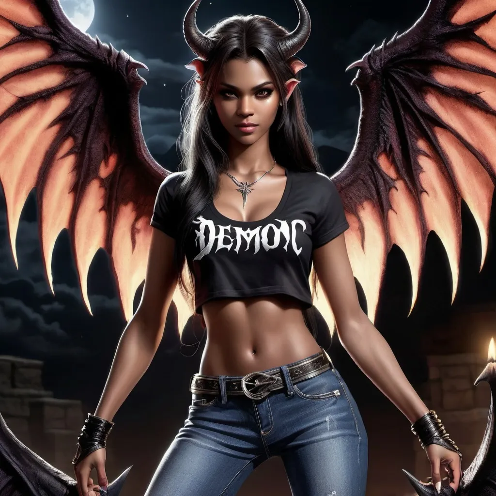 Prompt: Nighttime scene.  A beautiful fully clothed wearing T-shirt and jeans, 18-year-old demon woman, slim and athletic, new to her form. Beautiful features coupled with demonic horns, demonic wings, and a prehensile demon tail, Hyper detailed face and skin tone, soft youthful facial features that are angelic in contrast to her demonic elements