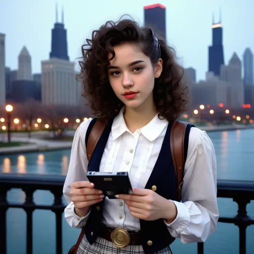 Prompt: (realistic image set in Chicago 1990's),  (girl age:18, Slim, cute, beautiful, shy), (curly dark hair), (dressed in period college girl’s trendy outfit), posed holding a  pager, period city background, misty morning, (rich textures), (soft lighting), (ultra-detailed), 4k quality, opulent decor.