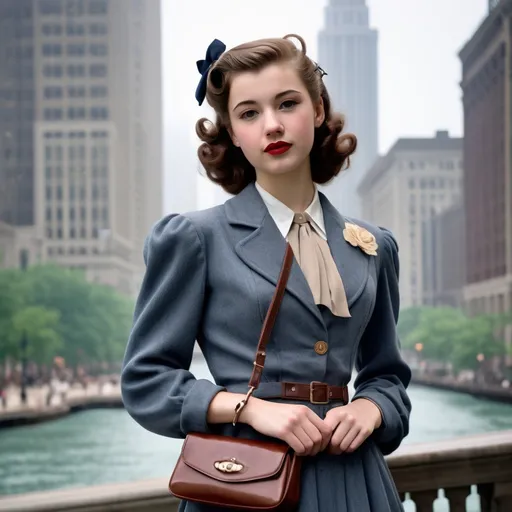 Prompt: (realistic image set in Chicago 1940's),  (girl age:18, Slim, cute, beautiful, shy), (1940’s hair style), (dressed in period college girl’s for the ‘40’s outfit), posed holding a purse, period city background, misty morning, (rich textures), (soft lighting), (ultra-detailed), 4k quality, opulent decor.