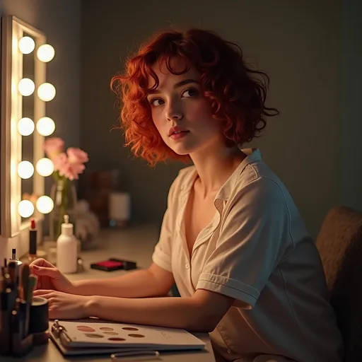 Prompt: Hyper detailed Photorealistic Upper body focus, Nighttime girl’s bedroom scene, A makeup desk (scattered with makeup and accessories), seated a (shy cute 18-year-old girl) glances at viewer sidelong, Embarrassed and shy slight smiling gaze and short curly red hair, highly detailed face, gazing with sidelong glance toward the viewer, Dynamic pose. wearing soft cotton pajamas.  Expression of shy interest and innocent allure.  Realistic high detail skin and hair