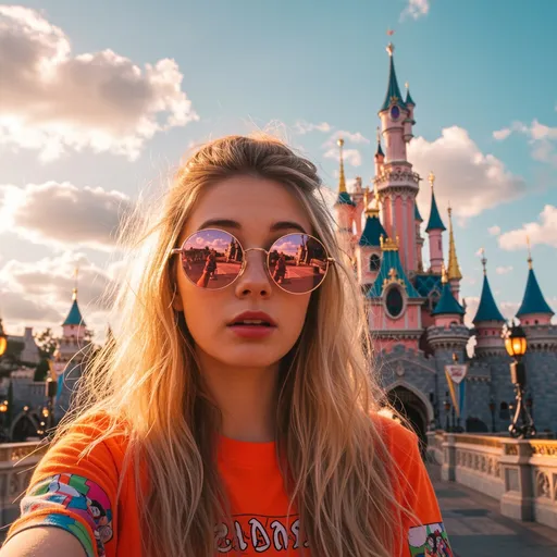 Prompt: A sunlit fantasy theme park selfie featuring a young woman with long, tousled golden-blonde hair wearing oversized round rose-gold sunglasses. She is in a vibrant orange top with colorful graphic sleeves. Her expression is playful and curious as she leans forward, strands of hair catching the sunlight. Behind her, a dreamy fairytale castle with pink spires and blue rooftops rises against a vivid blue sky filled with fluffy golden clouds. The lighting is warm and cinematic, with strong golden hour highlights. Ultra-detailed, vibrant, whimsical, immersive style with a magical realism aesthetic. Shot with a wide-angle lens, high dynamic range.

Style Tags: cinematic lighting, vibrant color, fantasy realism, dreamy, modern fairytale, Disney-inspired, hyperrealism