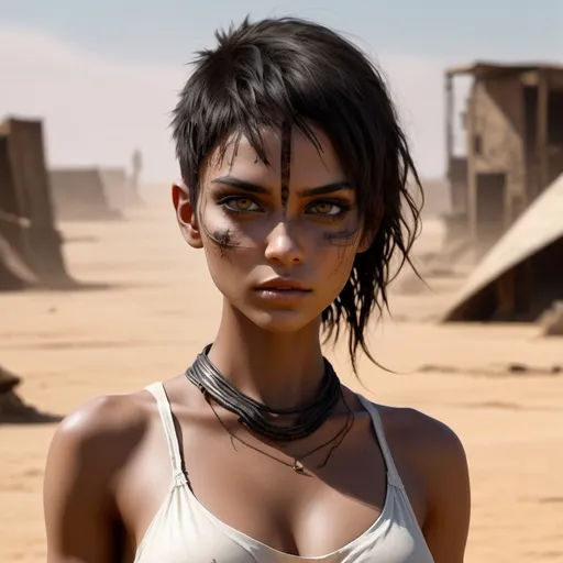 Prompt: Wasteland setting reminiscent of the movie Fury Road.  a (beautiful, perfect athletic and cute girl) with a slender, athletic build and brown skin. Her highly detailed face and skin are defined by thin but soft features, with large round expressive eyes.  Her dusty  black hair is shaved short and tightly curled. She wears a simple, flowing white garment made of thin transparent fabric, which is draped loosely around her body. The outfit is minimal, designed to be functional.

She maintains a clean, almost ethereal appearance, standing out against the rugged, apocalyptic landscape. 

The setting should feel gritty and industrial, with her figure and white clothing creating a visual contrast to the dark, muted tones of the world she inhabits.