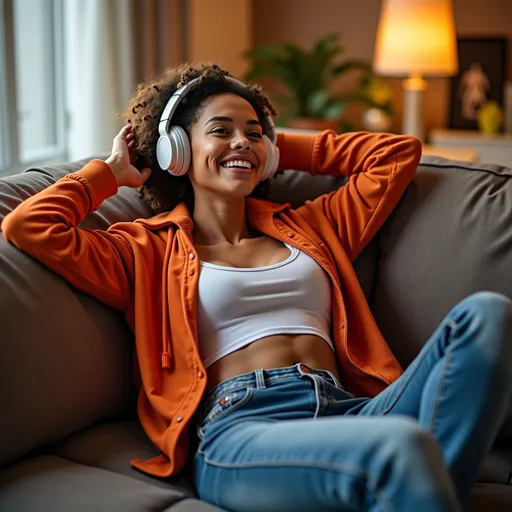 Prompt: A hyper realistic tan flawless 18 year old woman with dyed hair wearing low cut crop top hoodie and jeans laying on a couch jamming to music and looking happy in a dynamic action pose