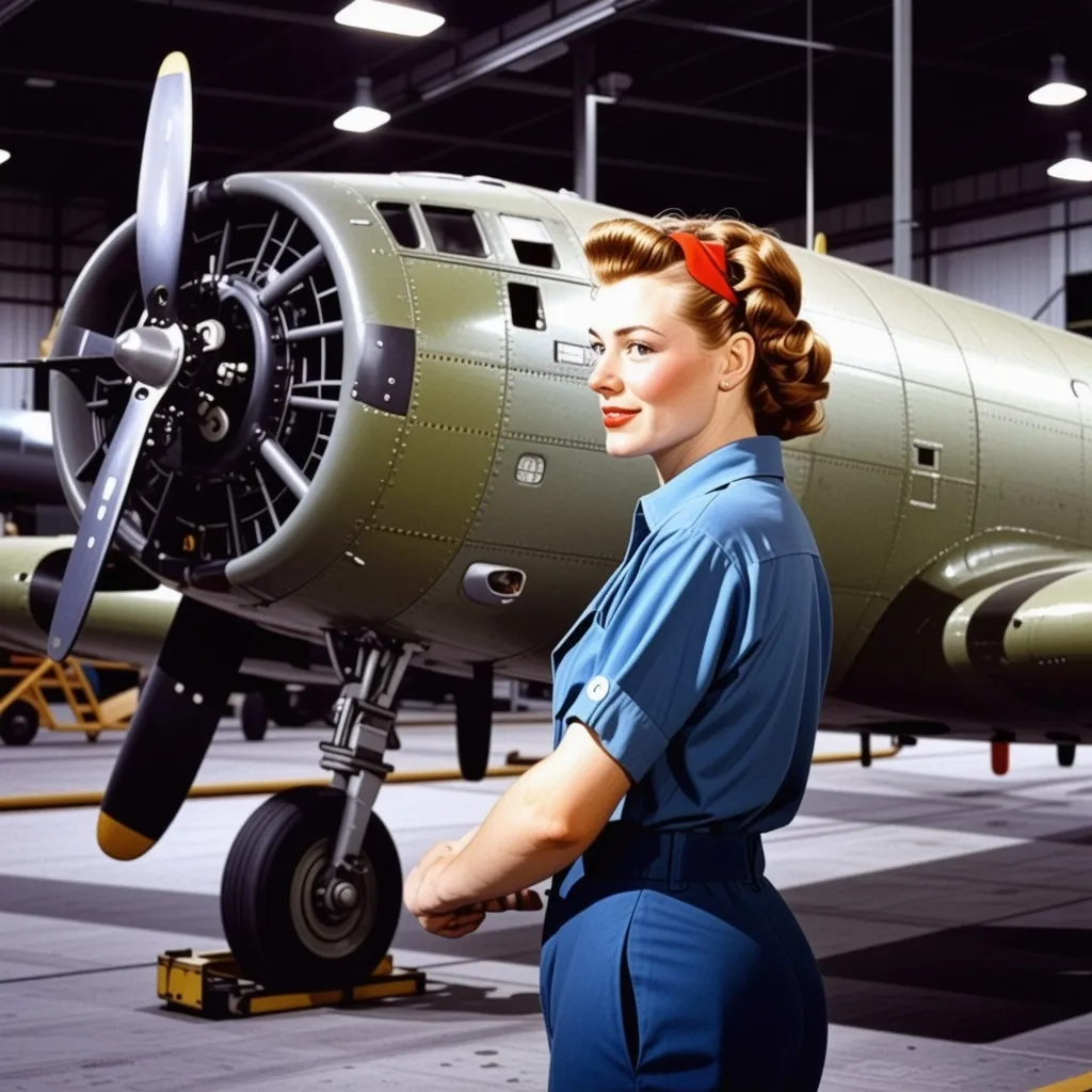 Prompt: High resolution Life like color photographic image of Rosie the riveter in a 1940’s aircraft factory, standing next to an aircraft under construction.