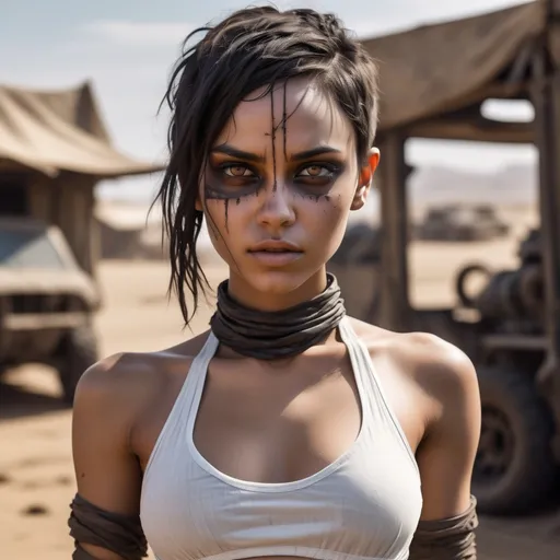 Prompt: Wasteland setting reminiscent of the movie Fury Road.  a (beautiful, perfect athletic and cute girl) with a slender, athletic build and brown skin. Her highly detailed face and skin are defined by thin but soft features, with large round expressive eyes.  Her dusty  black hair is shaved short and tightly curled. She wears a simple, flowing white garment made of thin transparent fabric, which is draped loosely around her body. The outfit is minimal, designed to be functional.

She maintains a clean, almost ethereal appearance, standing out against the rugged, apocalyptic landscape. 

The setting should feel gritty and industrial, with her figure and white clothing creating a visual contrast to the dark, muted tones of the world she inhabits.