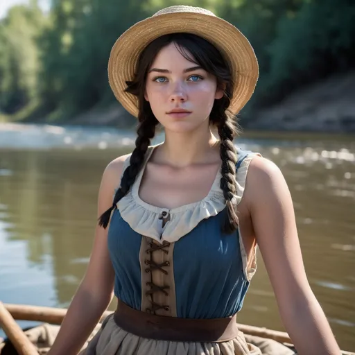 Prompt: River bank scene, highrez photo, 1girl 21-years-old, dressed like female Huckleberry Finn, {{{highly detailed facial features and skin with light freckles}}}, ((gazing sidelong directly at viewer with shy curious expression)), black hair, large blue eyes, braid, dynamic active pose poling a raft along river bank, hat, disheveled clothing {denim overall  and short skirt }, wide lips, straw hat