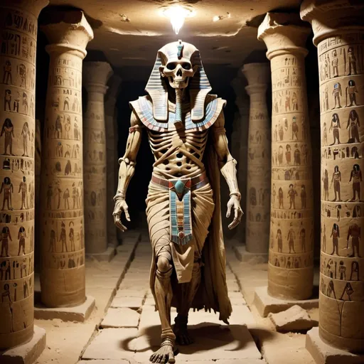 Prompt: Undead mummy lord walking in Egyptian tomb