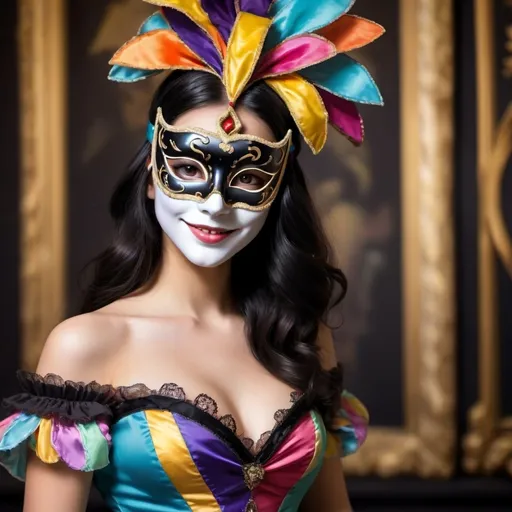 Prompt: Venetian party scene, Full body view, Venetian Masquerade Ball, masked face, youthful cute girl, top half of face hidden by mask, black hair, colorful harlequin style dress, smile under mask