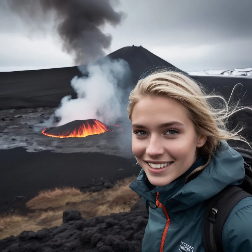 Prompt: Background: An Icelandic volcanic landscape with cinder cone erupting, in a smoky dark rocky basalt landscape in Iceland. Heated steamy atmosphere from flowing lava.
Foreground:  A (blonde young, sweet and cute Icelandic woman), highly detailed facial features with shy, subtly smiling expression, dynamically posed in winter hiking gear.  