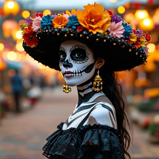 Prompt: Nighttime background featuring an autumnal Mexican plaza filled with candles, sugar skulls, and marigold garlands, adding to the vibrant and festive atmosphere of Día de los Muertos.

((Full torso)) view of A (cute, slim, beautiful young woman), dressed as La Catrina, the iconic symbol of Día de los Muertos. gazing sidelong at the viewer. Her face is intricately painted like a white skull with detailed black designs around her eyes resembling floral patterns. Her lips are painted black, mimicking a skeletal smile, with delicate black lines extending from the corners to create a stitched effect. Her large, expressive eyes are framed by dark, smoky makeup and adorned with shimmering gold accents around the eye sockets. She wears an elegant, floor-length black lace dress, decorated with vibrant red, yellow, and purple flowers along the neckline and hem.

A large, wide-brimmed black hat sits atop her head, lavishly decorated with colorful flowers, feathers, and ribbons that cascade down her back. Her jet-black hair is styled in soft waves beneath the hat, with a few strands adorned with flowers. She stands tall, with a regal and mysterious aura, holding a black lace fan in one hand.