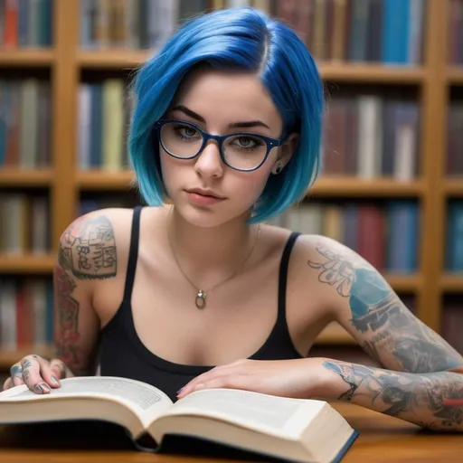 Prompt: High resolution photographic imag in high definition
background: college library reading room 
Foreground: a slim cute 18-year-old college girl with short bright blue hair, glasses, adorned with tattoos on arms, neck, and chest, dynamically posed reading a book in a cozy library, highly detailed facial features with a focused expression, focused studying, vibrant and youthful, high quality, vibrant colors, detailed tattoos, cozy library ambiance, youthful appearance, bright blue hair, slim build, detailed tattoos, bookworm, comfortable lighting
