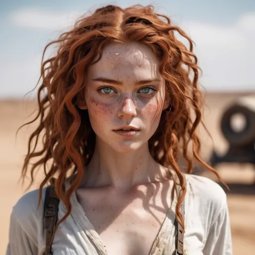 Prompt: Wasteland setting reminiscent of the movie Fury Road.  a (beautiful, perfect slim  youthful and cute girl) with a slender soft build and fair skin with freckles. Her highly detailed face and skin are defined by thin but soft features, with large wide expressive eyes.  Her dusty red hair has wavy curls and is unkempt. She wears a simple, flowing white garment made of thin transparent fabric, which is draped loosely around her body. The outfit is minimal, designed to be functional.

She maintains an innocent, lost expression of wonder, a clean, almost ethereal appearance, standing out against the rugged, apocalyptic landscape. 

The setting should feel gritty and industrial, with her figure and white clothing creating a visual contrast to the dark, muted tones of the world she inhabits.