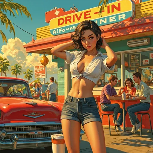 Prompt: Closeup torso view.  In a semi-realistic highly detailed digital painting bursting with bright, vibrant colors, a lively drive-in diner exudes an atmosphere of youthful energy and nostalgia. The scene is bathed in warm late afternoon sunlight, casting playful shadows on the ground as a gentle breeze rustles the bright red and yellow decor of the diner. 

Closeup torso view in foreground, The short, slim teenager waitress stands next to a classic retro car, her tight-fitting partially unbuttoned uniform accentuating her feminine form and chest. She is dynamically poised with one hand holding a notepad and the other lightly brushing her hair behind her ear, her detailed facial features show a shy yet inviting smile playing on her lips. The background features cheerful patrons enjoying milkshakes and burgers, creating a lively backdrop that enhances the overall spirited theme. Ideal for an artwork styled with cinematic lighting and a touch of whimsy.