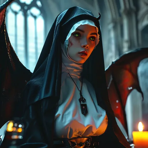 Prompt: Full body side view, a Demoness in nun’s Habit, (slim, beautiful, large eyes), (large wide demonic wings spread wide behind her), kneeling at alter in dynamic pose, praying, ((glancing to side to look at viewer)) (((while praying))), dark gothic atmosphere, fantasy setting, high res photographic quality, 4K resolution, celestial lighting as background illuminating demoness.