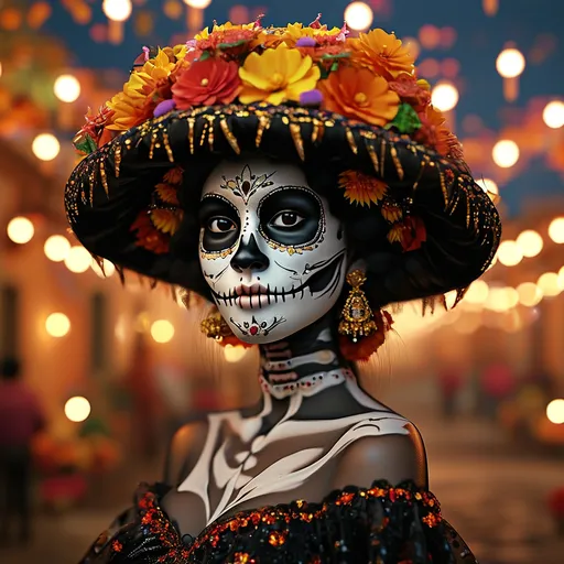 Prompt: Nighttime background featuring an autumnal Mexican plaza filled with candles, sugar skulls, and marigold garlands, adding to the vibrant and festive atmosphere of Día de los Muertos.

((Full torso)) view of A (cute, slim, beautiful young woman), dressed as La Catrina, the iconic symbol of Día de los Muertos. gazing sidelong at the viewer. Her face is intricately painted like a white skull with detailed black designs around her eyes resembling floral patterns. Her lips are painted black, mimicking a skeletal smile, with delicate black lines extending from the corners to create a stitched effect. Her large, expressive eyes are framed by dark, smoky makeup and adorned with shimmering gold accents around the eye sockets. She wears an elegant, floor-length black lace dress, decorated with vibrant red, yellow, and purple flowers along the neckline and hem.

A large, wide-brimmed black hat sits atop her head, lavishly decorated with colorful flowers, feathers, and ribbons that cascade down her back. Her jet-black hair is styled in soft waves beneath the hat, with a few strands adorned with flowers. She stands tall, with a regal and mysterious aura, holding a black lace fan in one hand.