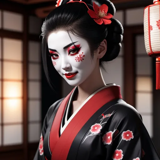 Prompt: HD photorealistic image of a slim and athletic gorgeous, goth 18-year-old geisha assassin, broad knowing smile, Perfect Face, black and red kimono, white face paint, Yakuza tattoos, zen garden at night, high quality, Detailed face, photorealistic, black and red kimono, night scene, dramatic lighting,  hypersonic, 8k, stunning quality, octane render, sharp focus, studio photo, intricate details, highly detailed, HDR, UHD, high res, 64k, cinematic lighting, special effects, hd octane render, professional photograph, studio lighting,