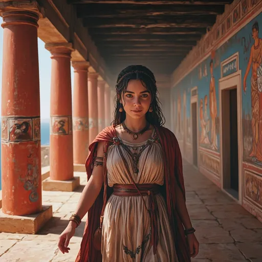 Prompt: The image is a digital oil-style painting portrait of A young teenage age18  Minoan princess in ancient clothing, dynamically strolling through the bright red pillared and colorfully painted frescoes of the palace at Knossos with the blue Mediterranean Sea in the background. Her gaze is shy, smiling and welcoming with striking eyes and olive Mediterranean skin. She wears ancient Minoan dress, with Minoan jewelry and imagery. The lighting is soft and moody, evoking chiaroscuro tones and an ancient world cinematic ambiance. The style is painterly, blending dark fairytale themes with Renaissance portraiture. Atmosphere is intimate, slightly surreal, and filled with silent tension. --v 5 --style cinematic --lighting chiaroscuro --focus eyes --mood mysterious --texture rich