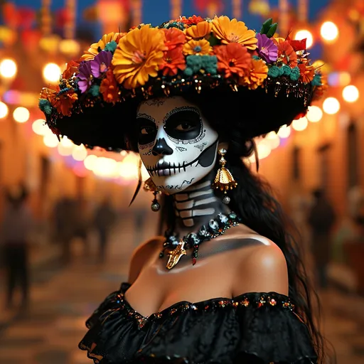 Prompt: Nighttime background featuring an autumnal Mexican plaza filled with candles, sugar skulls, and marigold garlands, adding to the vibrant and festive atmosphere of Día de los Muertos.

((Full torso)) view of A (cute, slim, beautiful young woman), dressed as La Catrina, the iconic symbol of Día de los Muertos. gazing sidelong at the viewer. Her face is intricately painted like a white skull with detailed black designs around her eyes resembling floral patterns. Her lips are painted black, mimicking a skeletal smile, with delicate black lines extending from the corners to create a stitched effect. Her large, expressive eyes are framed by dark, smoky makeup and adorned with shimmering gold accents around the eye sockets. She wears an elegant, floor-length black lace dress, decorated with vibrant red, yellow, and purple flowers along the neckline and hem.

A large, wide-brimmed black hat sits atop her head, lavishly decorated with colorful flowers, feathers, and ribbons that cascade down her back. Her jet-black hair is styled in soft waves beneath the hat, with a few strands adorned with flowers. She stands tall, with a regal and mysterious aura, holding a black lace fan in one hand.