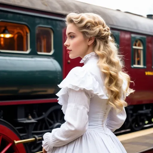 Prompt: side view of a beautiful 18 year old woman with blonde wavy hair in a white Victorian era gown with red, The image should be photo realistic.  Environment of Victorian London Train Station, old fashioned steam trains,