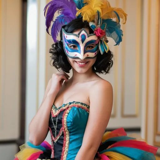 Prompt: Venetian party scene, Full body view, Venetian Masquerade Ball, masked face, youthful cute girl, top half of face hidden by mask, black hair, colorful harlequin style dress, smile under mask