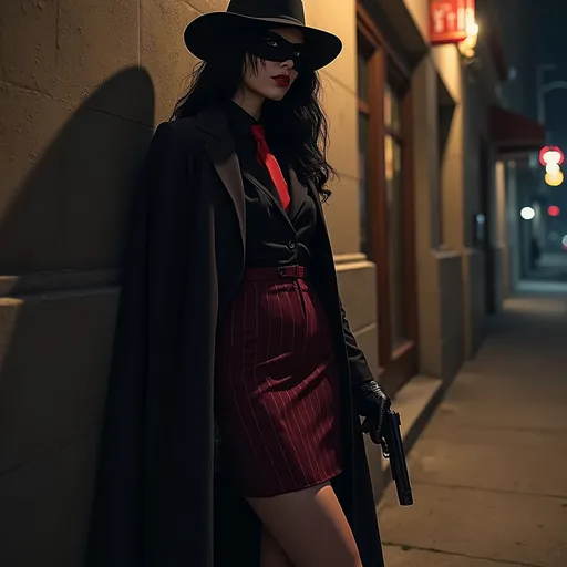 Prompt: Graphic noir pulp style heroine.   Tall beautiful with long black hair, wearing a black fedora, mask covering eyes, highly detailed facial features, dark cape, maroon pin-striped suit with pencil skirt & black blouse, crimson tie, black knee-length boots, holding a gun, (leaning against an alley wall at night in the shadows) outside a bank 1920’s era urban nightscape, sharp focus, atmosphere of dark suspense and danger, dramatic scene, high detail & quality, 8k, film noir vibe, cinematic digital imagery.