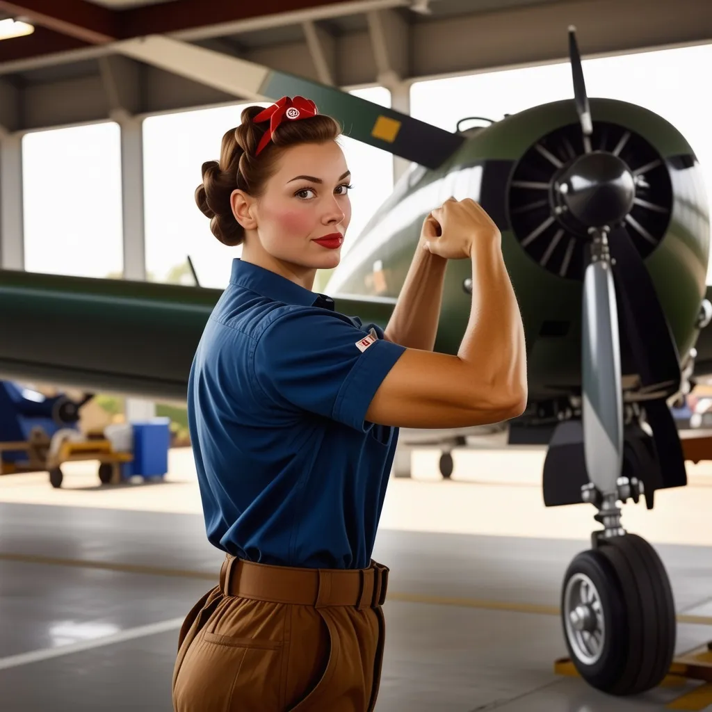 Prompt: High resolution Life like color photographic image of Rosie the riveter in a 1940’s aircraft factory, standing next to an aircraft under construction.