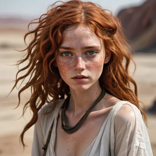 Prompt: Wasteland setting reminiscent of the movie Fury Road.  a (beautiful, perfect slim  youthful and cute girl) with a slender soft build and fair skin with freckles. Her dusty red hair has wavy curls and is unkempt. She wears a simple, flowing white garment made of thin transparent fabric, which is draped loosely around her body. The outfit is minimal, designed to be functional.

Her highly detailed face and skin are defined by thin but soft features, with wide expressive eyes. She maintains an innocent, lost expression of wonder, a clean, almost ethereal appearance, standing out against the rugged, apocalyptic landscape. 

The setting should feel gritty and industrial, with her figure and white clothing creating a visual contrast to the dark, muted tones of the world she inhabits.