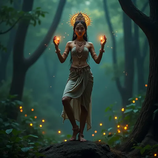 Prompt: A close up of a full body view, A realistic photo of a young slim and cute woman dressed as Ma Kali standing with one foot on a rock, her four arms, held aloft in gestures of prayer and devotion.  The forest around her is lush and vibrant, with fireflies illuminating the scene and creating a mystical atmosphere.