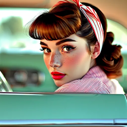 Prompt: Torso close up view of High School Senior Girl in 1950's, leaning against a hot rod in school parking lot, Face highly detailed (freckles, cute, slim, beautiful), preppy style (circle skirt, Bobby Socks, and saddle shoes), (hair in slicked back pony tail), tight blouse,  hair band, mischievous gaze, natural lighting, soft pastel colors, detailed eyes, playful, carefree, highres, natural, whimsical, comfortable