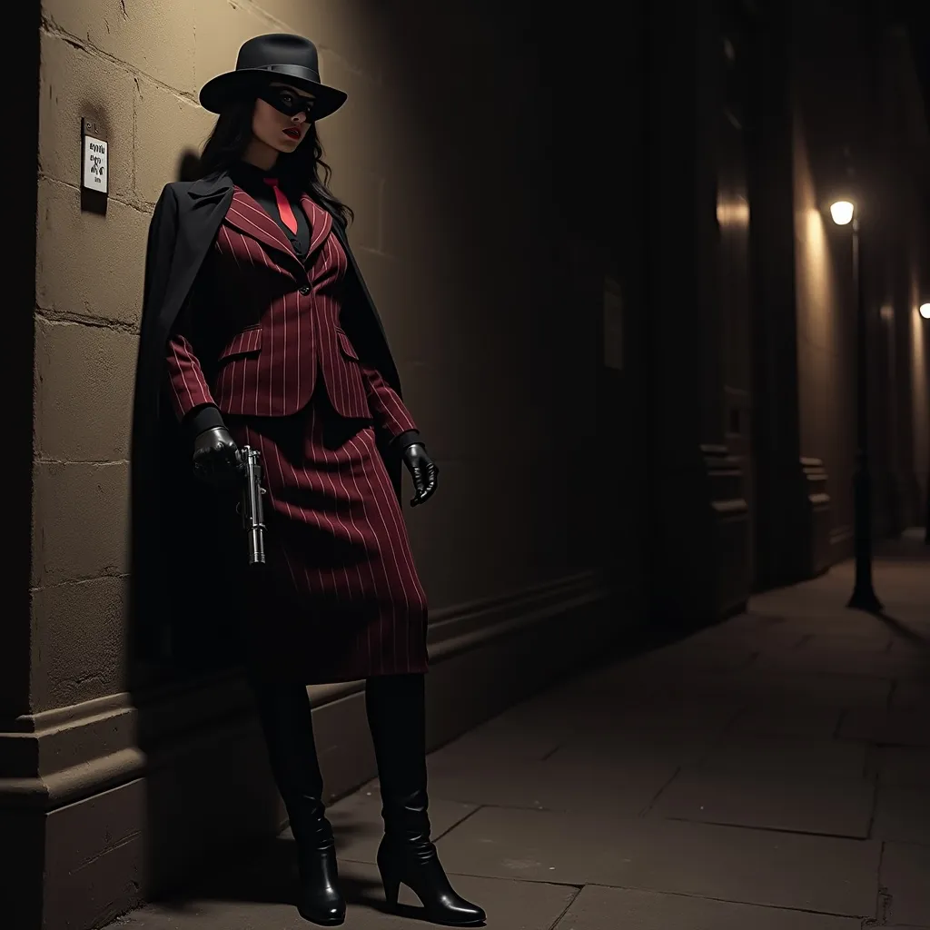 Prompt: Graphic noir pulp style heroine.   Tall beautiful with long black hair, wearing a black fedora, mask covering eyes, highly detailed facial features, dark cape, maroon pin-striped suit with pencil skirt & black blouse, crimson tie, black knee-length boots, holding a gun, (leaning against an alley wall at night in the shadows) outside a bank 1920’s era urban nightscape, sharp focus, atmosphere of dark suspense and danger, dramatic scene, high detail & quality, 8k, film noir vibe, cinematic digital imagery.