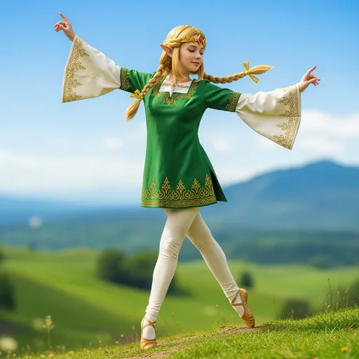 Prompt: A realistic, highly detailed and dynamic digital image of a young woman dressed as as Princess Zelda, posed dynamically dancing