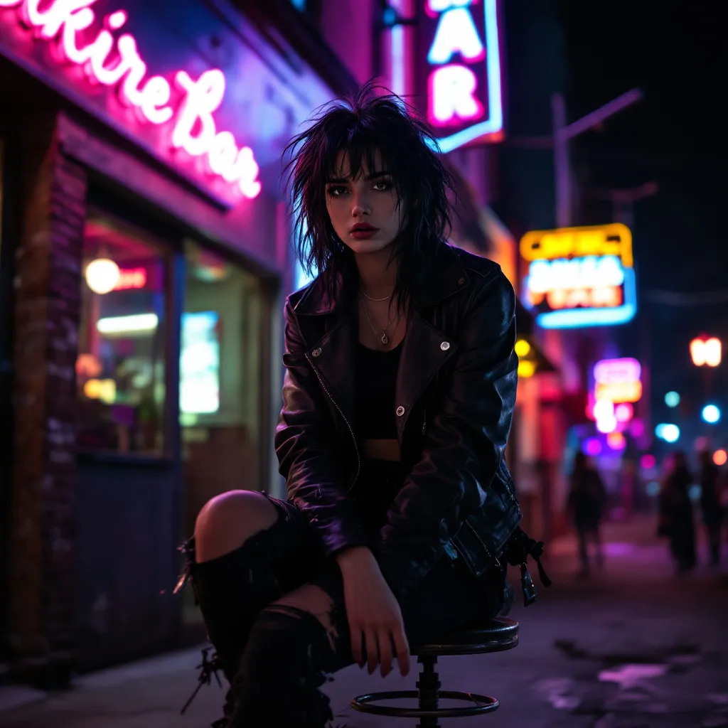 Prompt: A gritty cinematic portrait of a young 18-year-old teenage woman sitting outside a neon-lit biker bar at night. She has a slim, tough build, wild dark hair, and wears a worn leather jacket over a cropped tee, ripped jeans, and scuffed boots. She's seated on a metal barstool, legs crossed, lit by moody colored neon signs. The background is gritty urban, weathered brick, glowing signs, and a dim bar entrance. The style is hyper-realistic, digital art with moody lighting and sharp facial features, cinematic atmosphere, 1980s punk groupie aesthetic without the big hair.