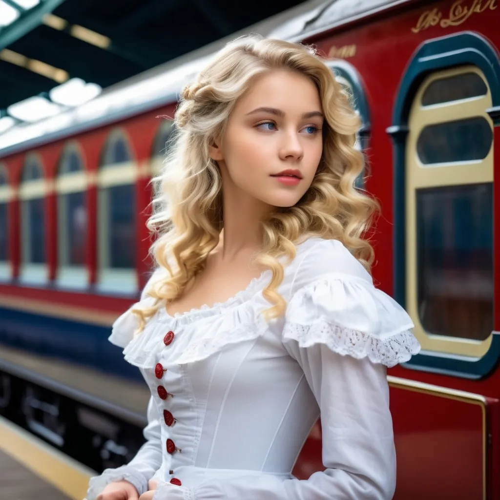 Prompt: side view of a beautiful 18 year old woman with blonde wavy hair in a white Victorian era gown with red, The image should be photo realistic.  Environment of Victorian London Train Station, old fashioned steam trains,