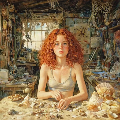 Prompt: A SFW highly stylized digital illustration of a  slim freckled red-haired age18 teenager with wild, voluminous curls, posed in a cluttered, eclectic beach shack sparsely filled with beach-combing finds, worn netting, and hanging nautical-trinkets. Her expression focused and serene with a subtle smile, as she is posed dynamically sorting shells on a table. The image has a painterly, semi-illustrative style reminiscent of 70s art posters, with deep shadows, warm golden tones, and finely detailed textures. Background elements feel hand-drawn or collaged, adding to the raw, artistic, slightly chaotic ambiance of the scene.