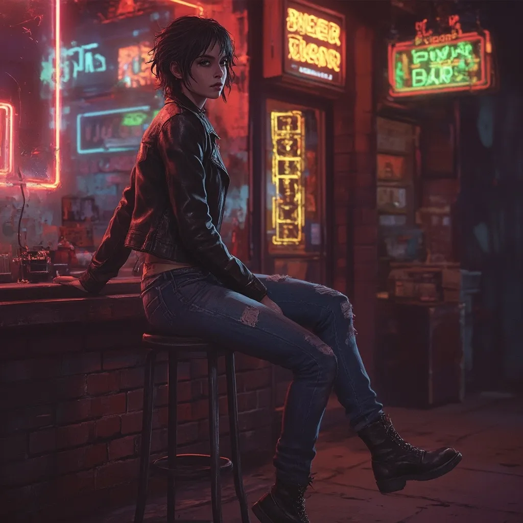 Prompt: Highly detailed digital image of a rebellious 18-year-old woman with a slim build, dark messy hair, looking at the viewer with a lost expression, wearing a worn leather jacket, distressed jeans, and old boots. She’s sitting on a barstool outside a run-down biker bar at night, lit by vivid neon signs. Background includes old brick walls, flickering neon, and a gritty street setting. The art style is photorealistic with cinematic lighting, moody atmosphere, and a gritty urban punk vibe, inspired by biker and late 80s rebellious fashion.