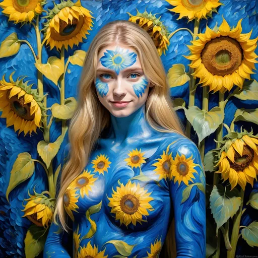 Prompt: full body view, Beautiful young Age:18 girl with entire body painted blue, athletic build, Face painted blue with sunflowers painted around eyes, Van Gogh's 'sunflowers' depicted on body, background Van Gogh painting, long blond hair, bright blue eyes, shy smile, highres, detailed body painting, impressionist, vibrant colors, gentle lighting