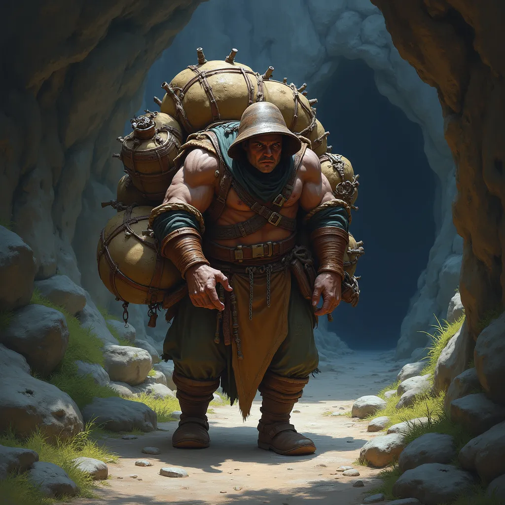 Prompt: A high resolution digital image of A fantasy adventurer’s henchman, carrying an oversized burden on his back consisting of many bags and chests and other items tied to a frame.  He wears a pot as a helmet.  Standing at the mouth of a cave looking scared.