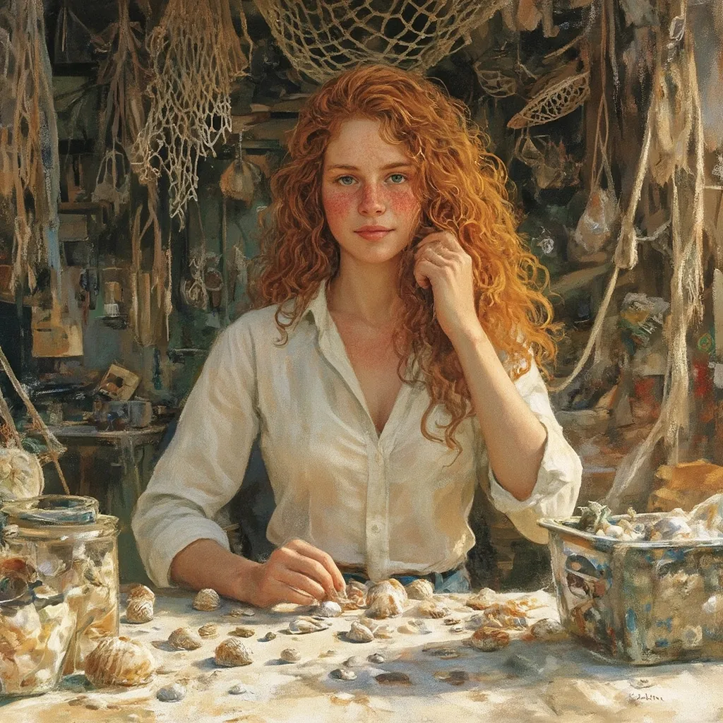 Prompt: A highly stylized digital illustration of a  freckled red-haired age18 woman with wild, voluminous curls, posed in a cluttered, eclectic beach shack sparsely filled with beach-combing finds, worn netting, and hanging nautical-trinkets. Her expression focused and serene with a subtle smile, as she sorts shells on a table. The image has a painterly, semi-illustrative style reminiscent of 70s art posters, with deep shadows, warm golden tones, and finely detailed textures. Background elements feel hand-drawn or collaged, adding to the raw, artistic, slightly chaotic ambiance of the scene.