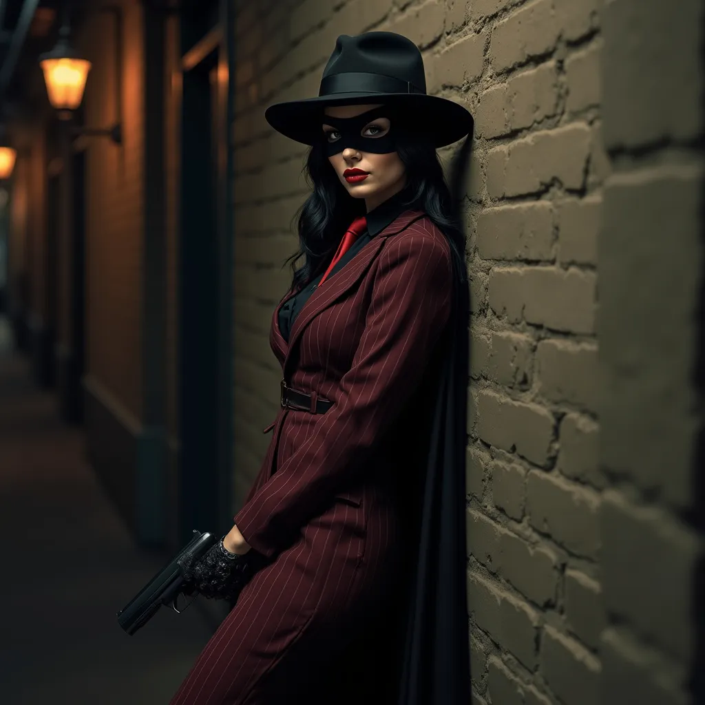 Prompt: Graphic noir pulp style heroine.   Tall beautiful with long black hair, wearing a black fedora, mask covering eyes, highly detailed facial features, dark cape, maroon pin-striped suit with pencil skirt & black blouse, crimson tie, black knee-length boots, holding a gun, (leaning against an alley wall at night in the shadows) outside a bank 1920’s era urban nightscape, sharp focus, atmosphere of dark suspense and danger, dramatic scene, high detail & quality, 8k, film noir vibe, cinematic digital imagery.