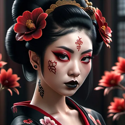 Prompt: wide angle view HD Realistic Photo of a beautiful Asian goth geisha woman, dark black hair, dark red flowers in her hair, tattoos, piercing, lace, and satin, perfect detailed face, detailed symmetric hazel eyes with circular iris, princess eyes, realistic, stunning realistic photograph, 3d render, octane render, intricately detailed, cinematic, trending on art station, Isometric, Centered hyperrealistic cover photo, awesome full color, hand drawn, dark, gritty, 64k, high definition, cinematic, neoprene, portrait featured on unsplash, stylized digital art, smooth, ultra high definition, 8k, unreal engine 5, ultra sharp focus, intricate artwork masterpiece, ominous, epic, trending on artstation, highly detailed, vibrant